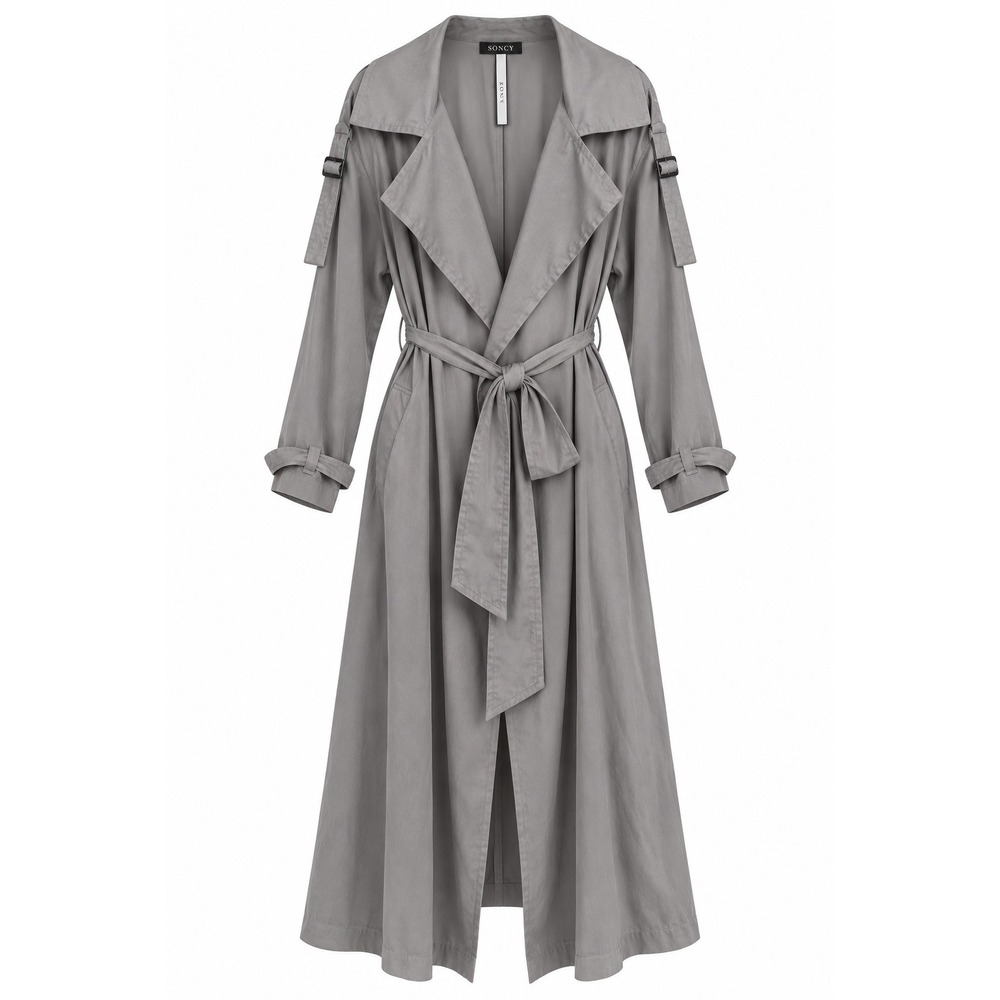 NWT Soncy Lightweight Draped Trench Coat Grey Buckle Epaulet Belted Open Front 2